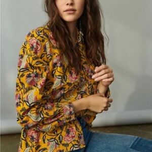 Pilcro Anthropologie Sigourney Blouse Women’s M Corduroy Yellow Red Floral